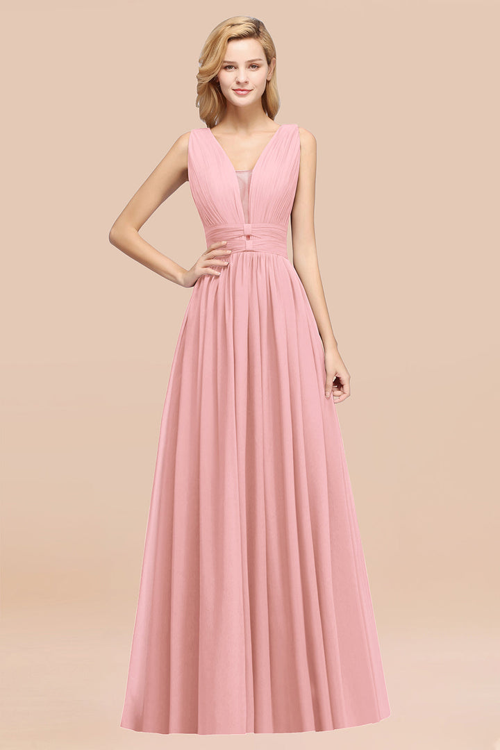 A-line Deep V-Neck Chiffon Floor-Length Dress-koscy