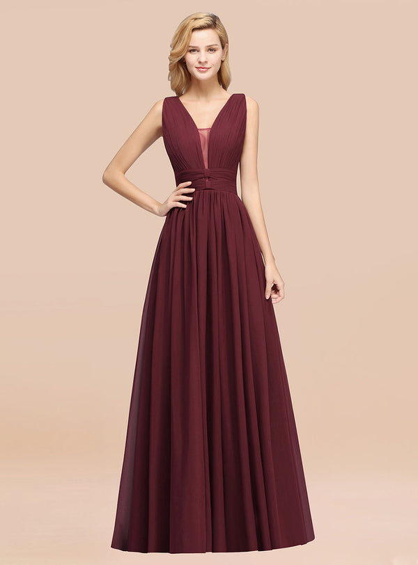 A-line Deep V-Neck Chiffon Floor-Length Dress-koscy