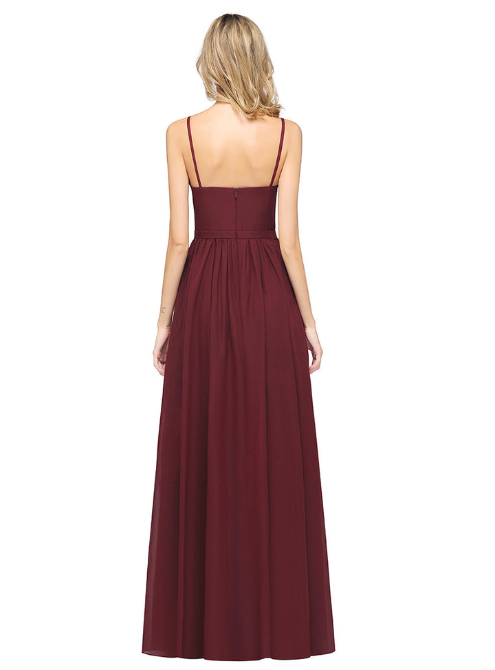 A-line Deep V-Neck Chiffon Floor-Length Dress with Slit-koscy