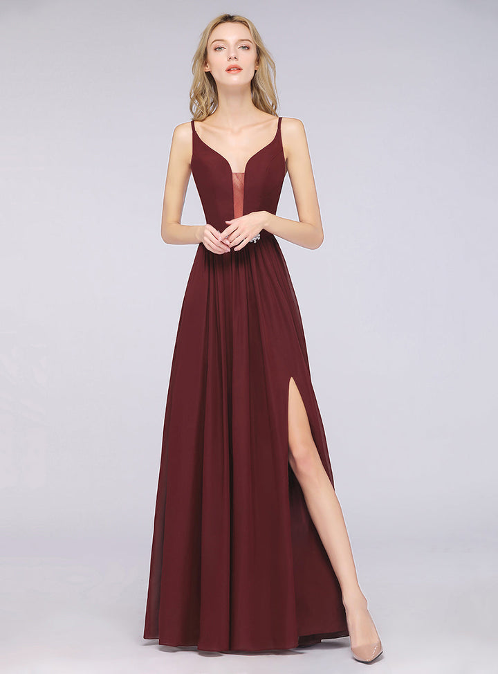 A-line Deep V-Neck Chiffon Floor-Length Dress with Slit-koscy