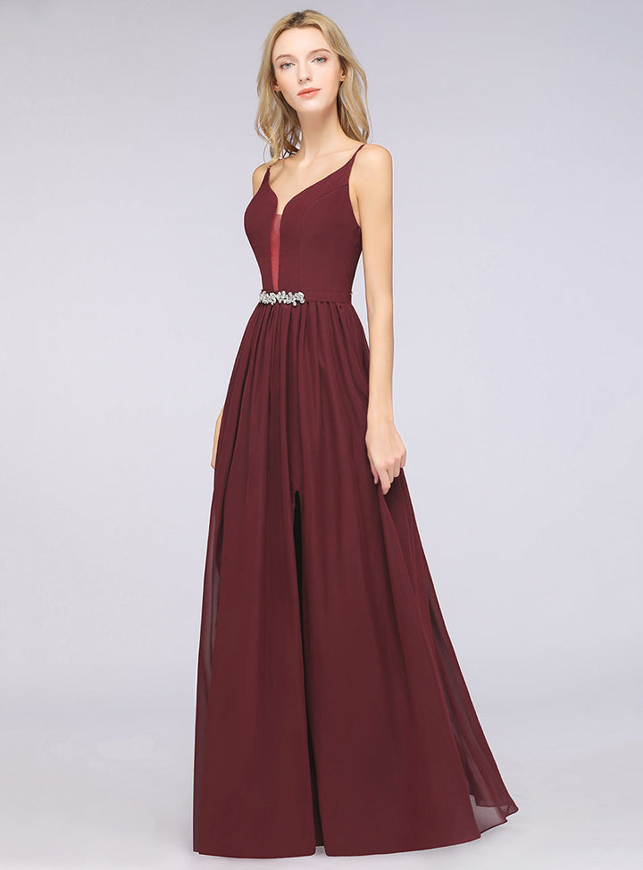 A-line Deep V-Neck Chiffon Floor-Length Dress with Slit-koscy