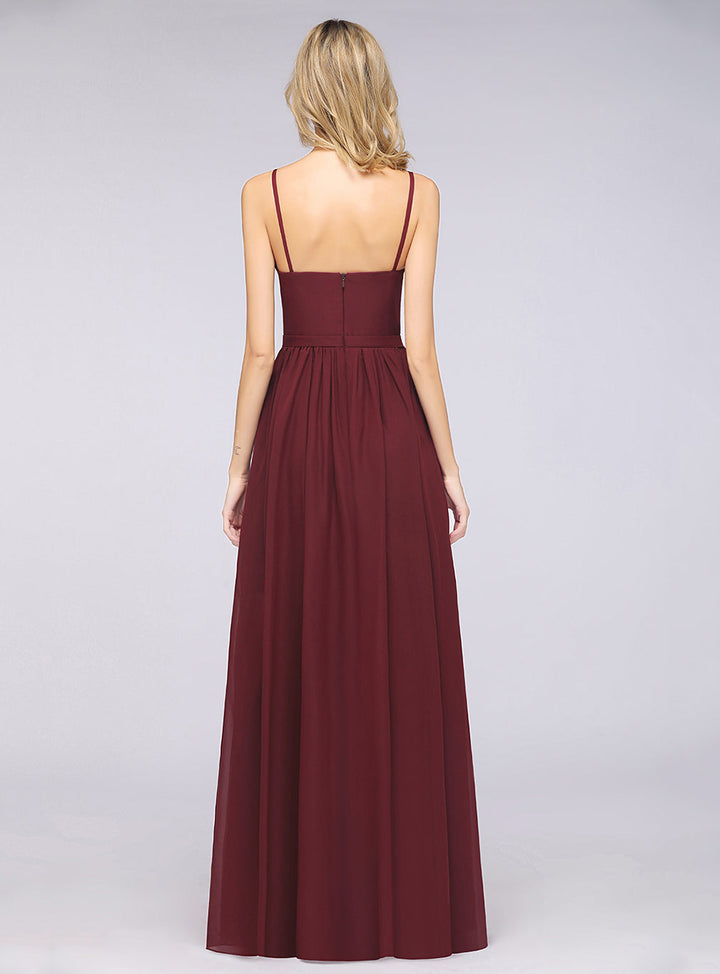 A-line Deep V-Neck Chiffon Floor-Length Dress with Slit-koscy