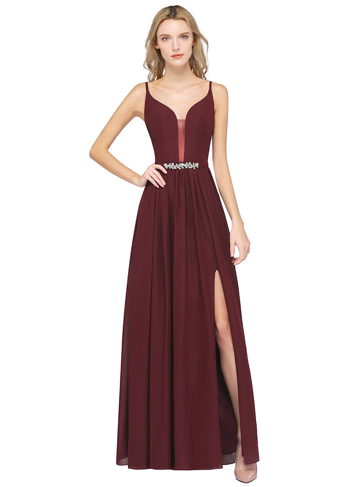 A-line Deep V-Neck Chiffon Floor-Length Dress with Slit-koscy