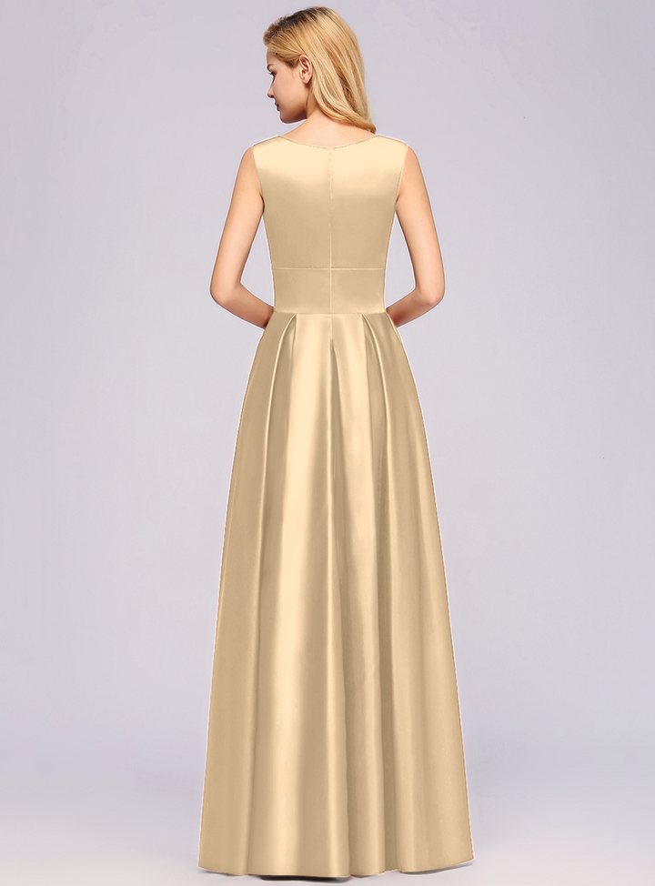 A-Line Deep-V-Neck Sleeveless Floor-Length Dress-koscy