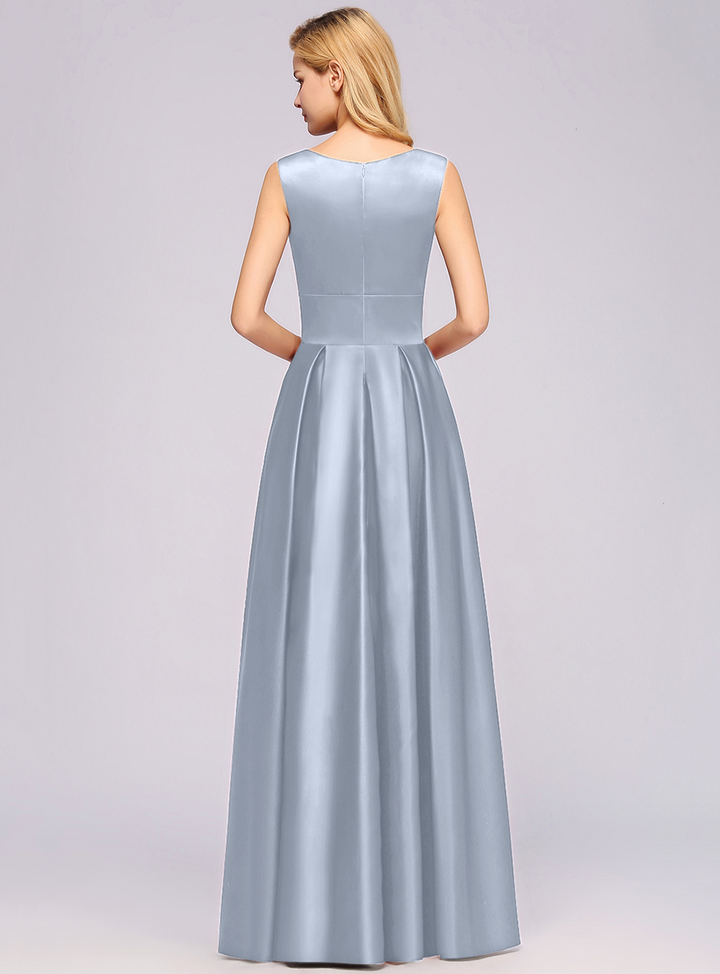 A-Line Deep-V-Neck Sleeveless Floor-Length Dress-koscy