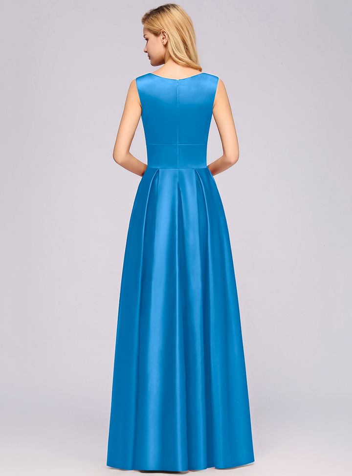 A-Line Deep-V-Neck Sleeveless Floor-Length Dress-koscy