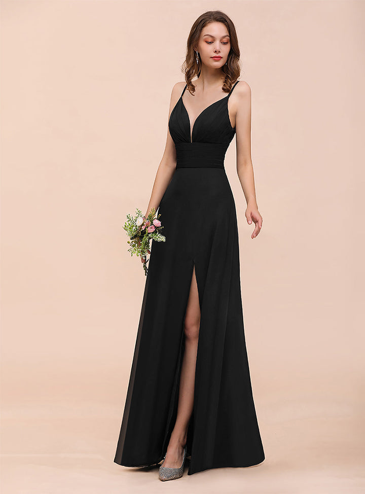 A-Line Deep V-Neck Spaghetti Straps Slit Dress-koscy