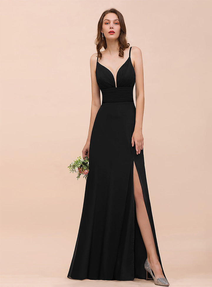 A-Line Deep V-Neck Spaghetti Straps Slit Dress-koscy