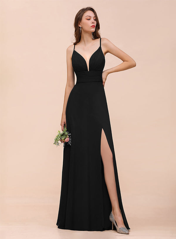 A-Line Deep V-Neck Spaghetti Straps Slit Dress-koscy