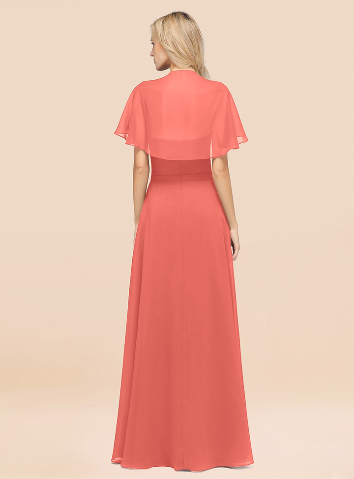 A-line Flutter Sleeve Chiffon Floor-Length Dress-koscy