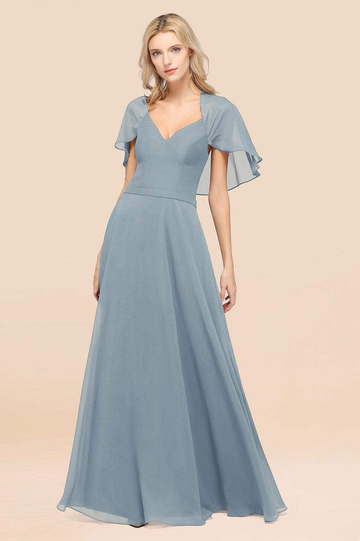 A-line Flutter Sleeve Chiffon Floor-Length Dress-koscy