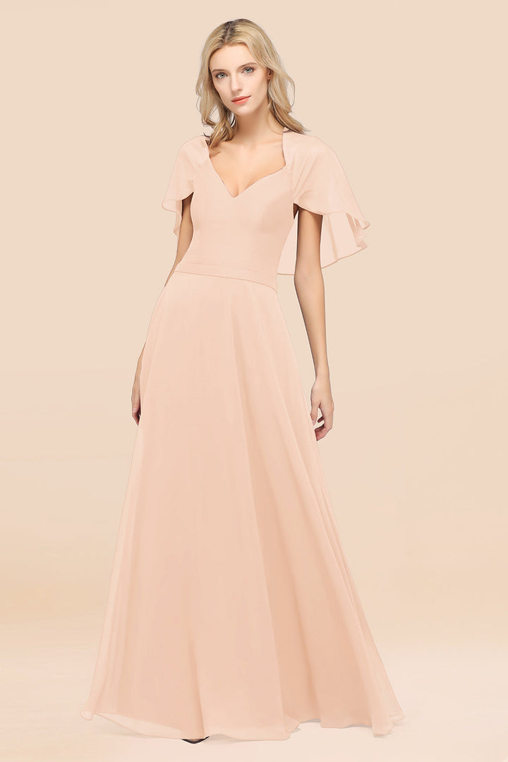 A-line Flutter Sleeve Chiffon Floor-Length Dress-koscy