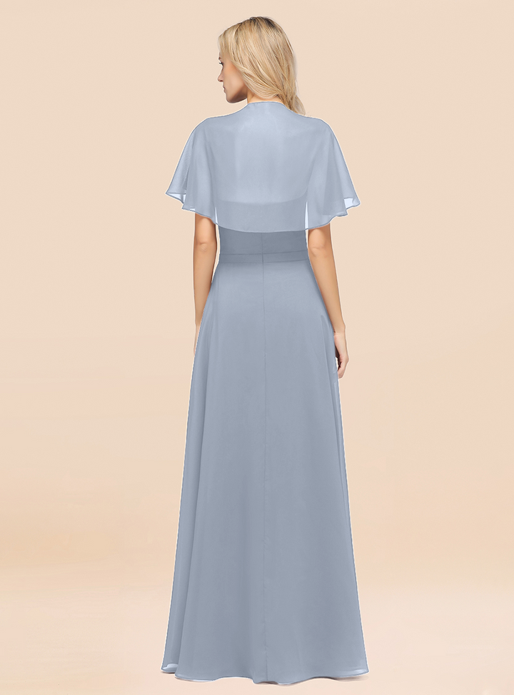 A-line Flutter Sleeve Chiffon Floor-Length Dress-koscy