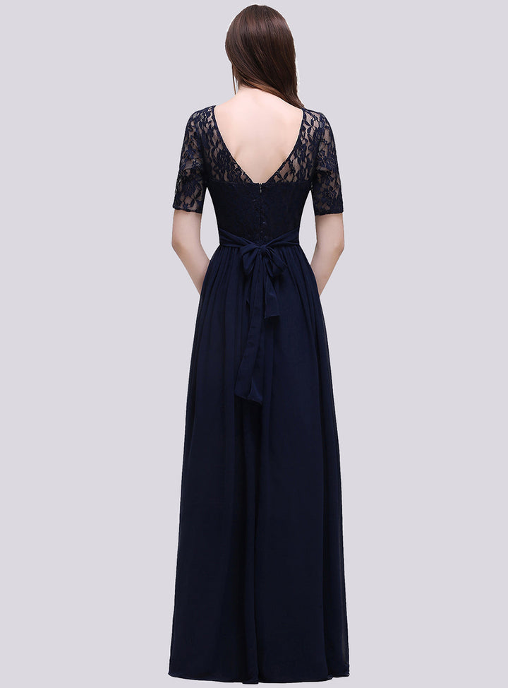 A-line Half-Sleeves Lace Chiffon Floor-Length Dress Dark Navy-koscy