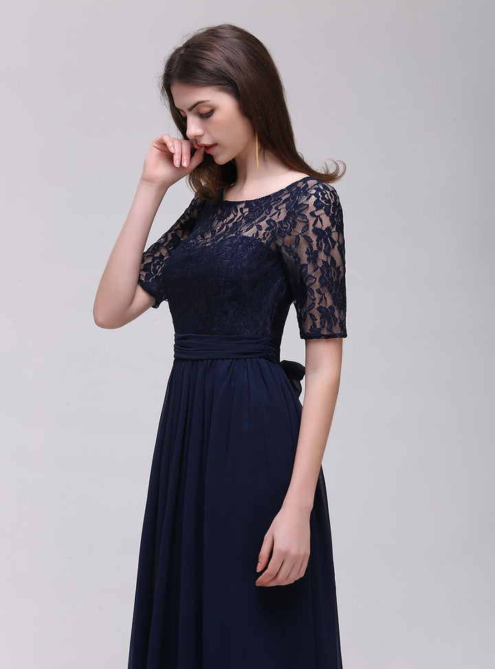 A-line Half-Sleeves Lace Chiffon Floor-Length Dress Dark Navy-koscy