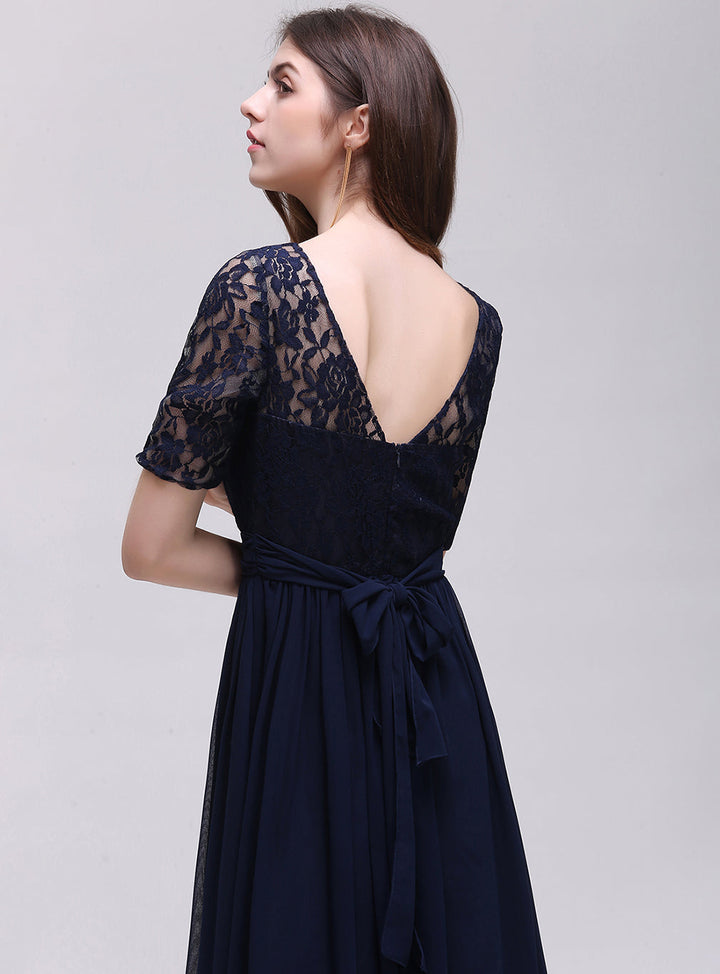 A-line Half-Sleeves Lace Chiffon Floor-Length Dress Dark Navy-koscy