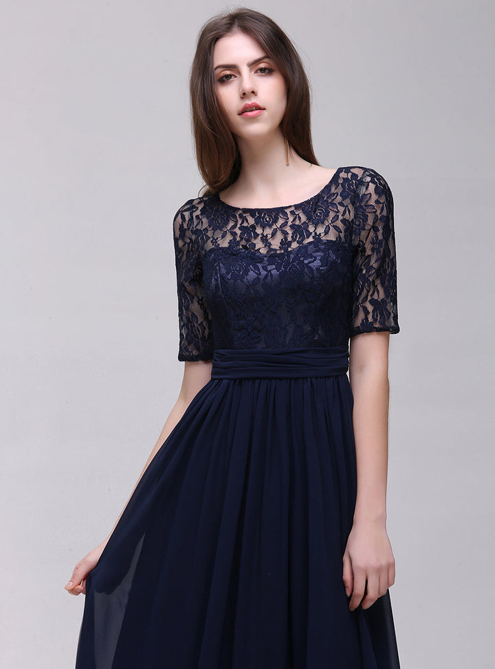 A-line Half-Sleeves Lace Chiffon Floor-Length Dress Dark Navy-koscy