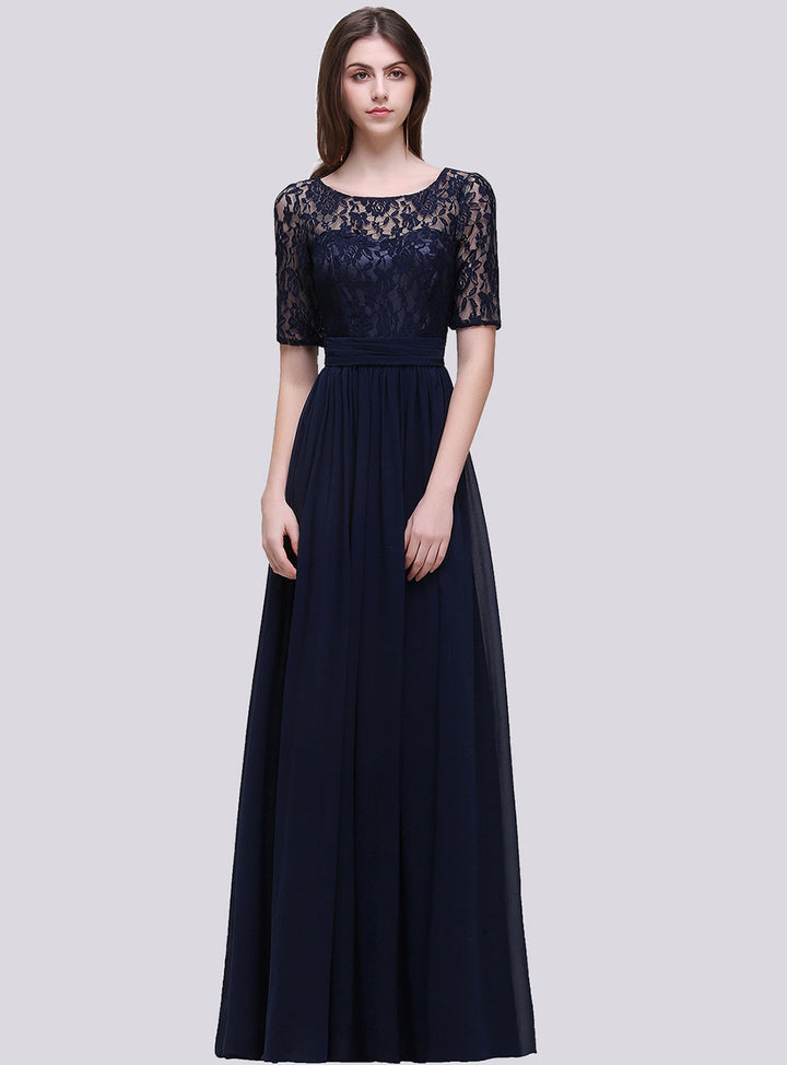 A-line Half-Sleeves Lace Chiffon Floor-Length Dress Dark Navy-koscy