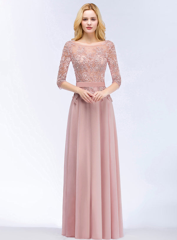 A-line Half Sleeves Lace Floor-Length Dress Dusty Rose-koscy