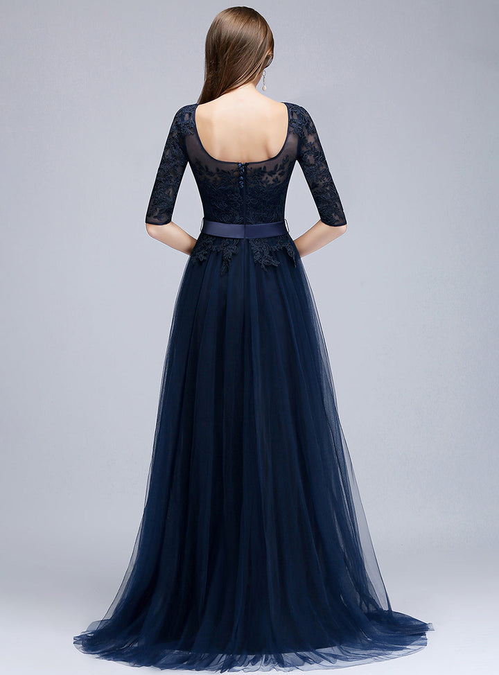 A-line Half Sleeves Tulle Floor-Length Dress with Lace Appliques-koscy