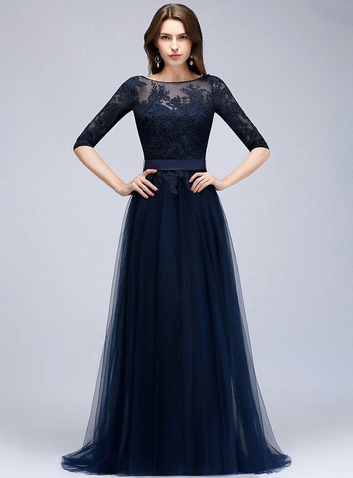 A-line Half Sleeves Tulle Floor-Length Dress with Lace Appliques-koscy