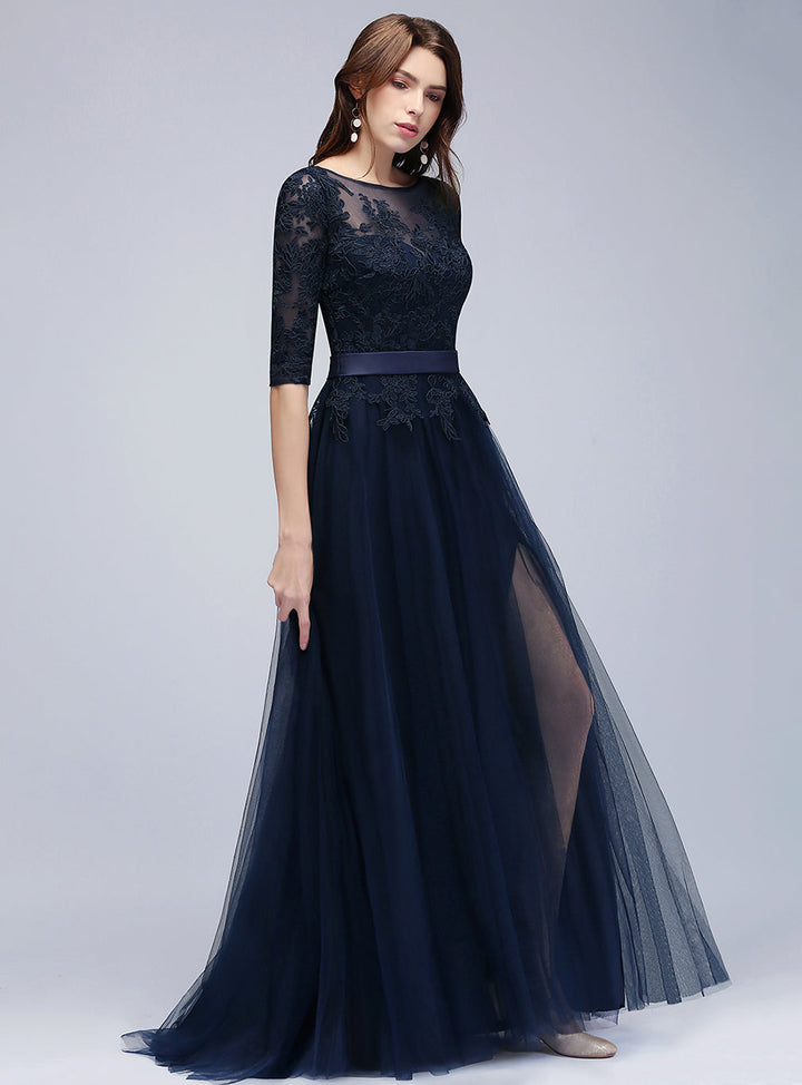 A-line Half Sleeves Tulle Floor-Length Dress with Lace Appliques-koscy