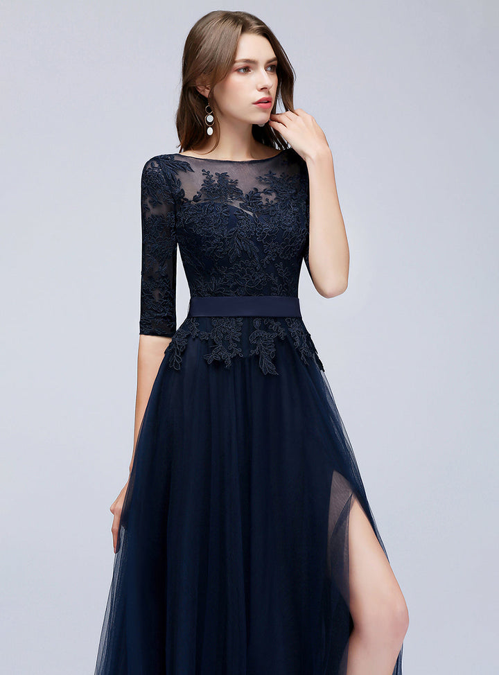 A-line Half Sleeves Tulle Floor-Length Dress with Lace Appliques-koscy