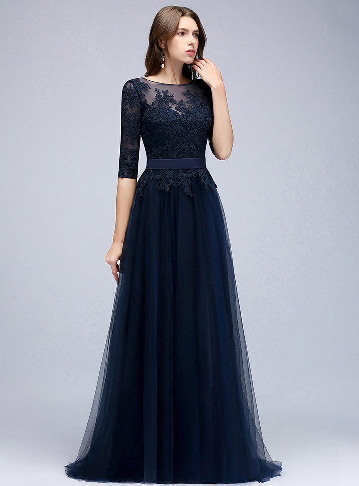 A-line Half Sleeves Tulle Floor-Length Dress with Lace Appliques-koscy