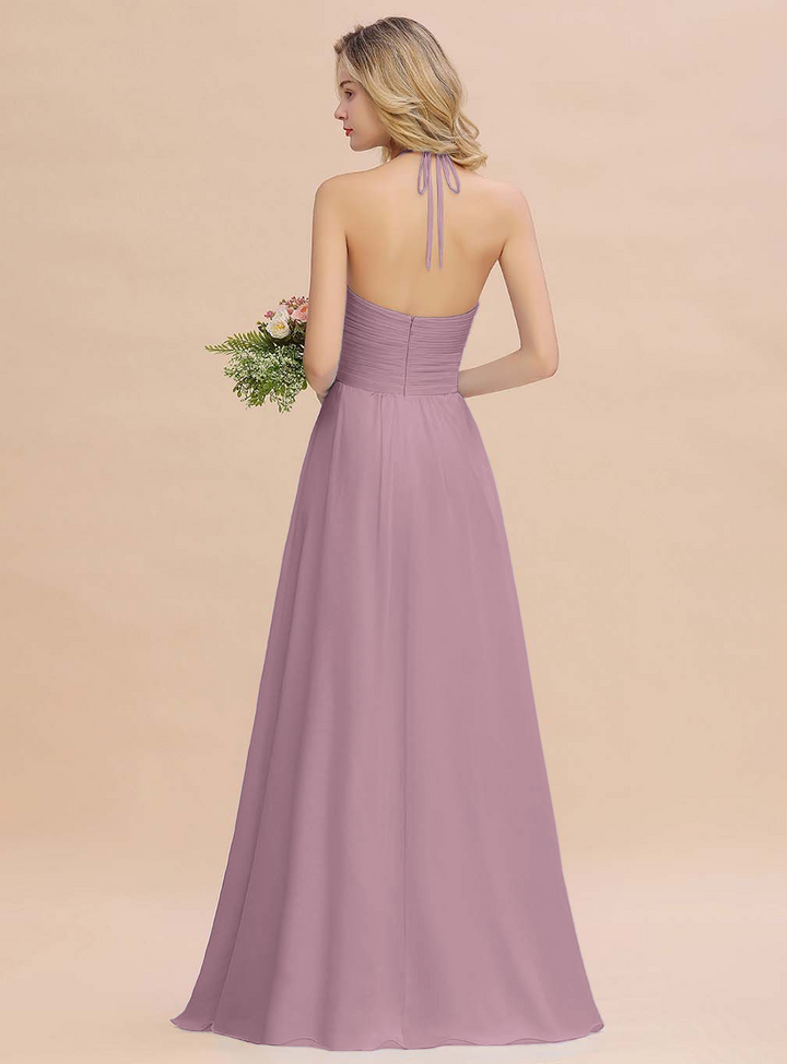 A-line Halter Backless Chiffon Floor-Length Dress-koscy