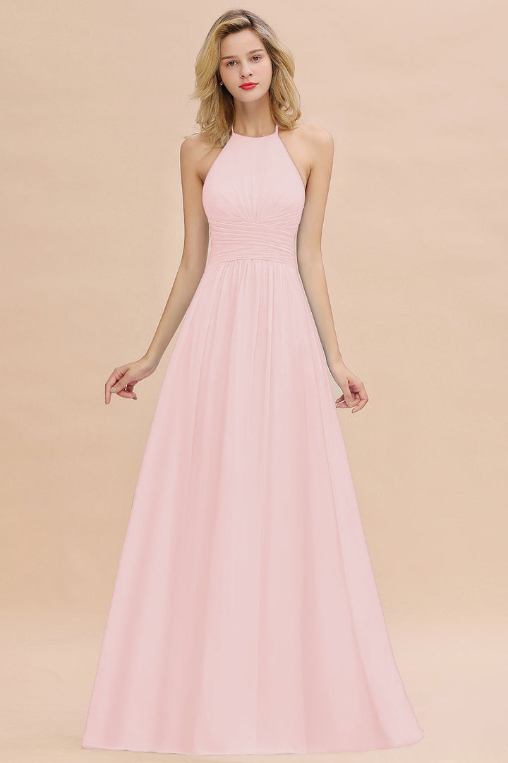 A-line Halter Backless Chiffon Floor-Length Dress-koscy