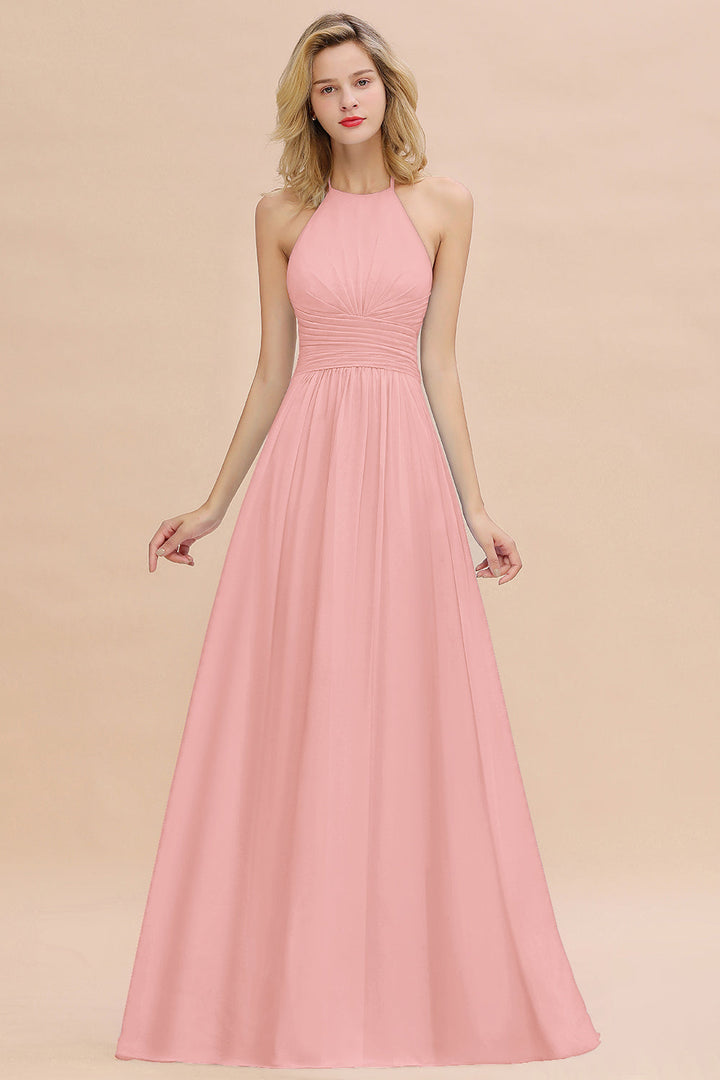 A-line Halter Backless Chiffon Floor-Length Dress-koscy