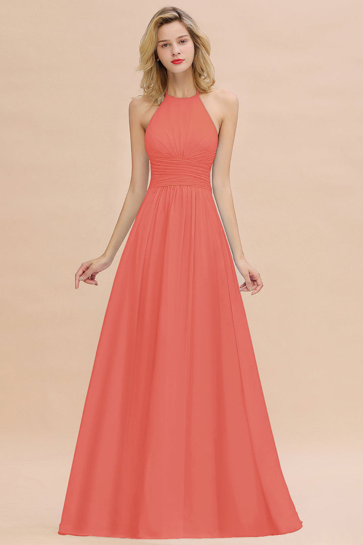 A-line Halter Backless Chiffon Floor-Length Dress-koscy