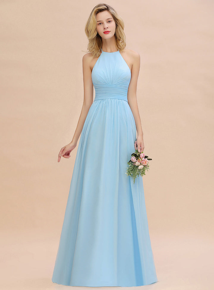 A-line Halter Backless Chiffon Floor-Length Dress-koscy