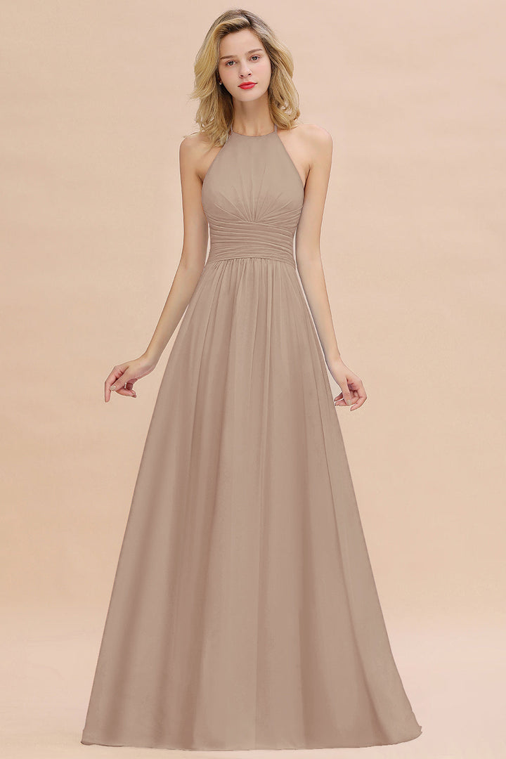 A-line Halter Backless Chiffon Floor-Length Dress-koscy