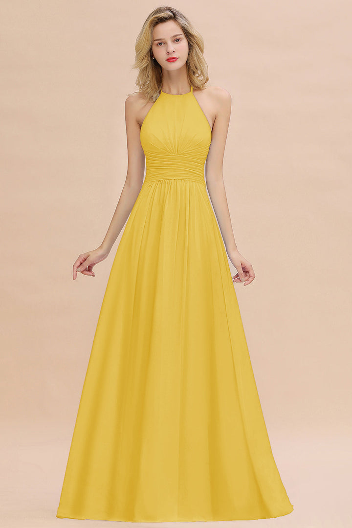 A-line Halter Backless Chiffon Floor-Length Dress-koscy