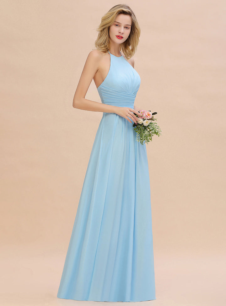 A-line Halter Backless Chiffon Floor-Length Dress-koscy