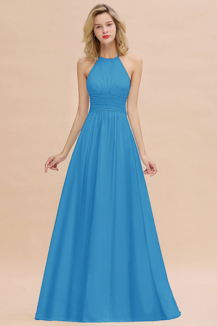 A-line Halter Backless Chiffon Floor-Length Dress-koscy