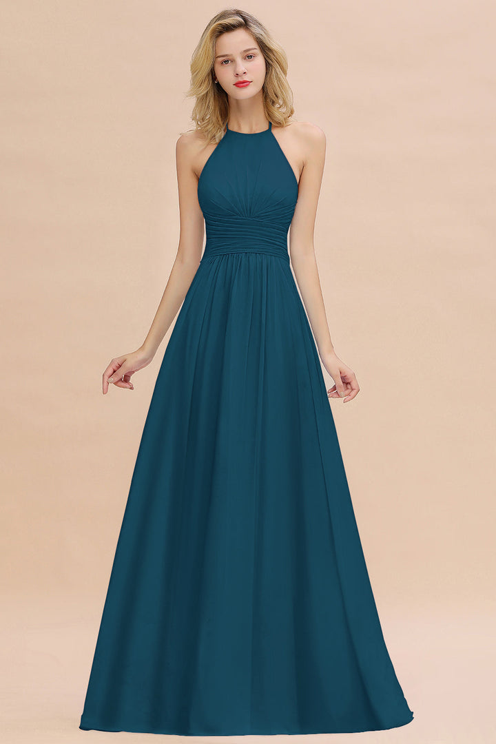 A-line Halter Backless Chiffon Floor-Length Dress-koscy