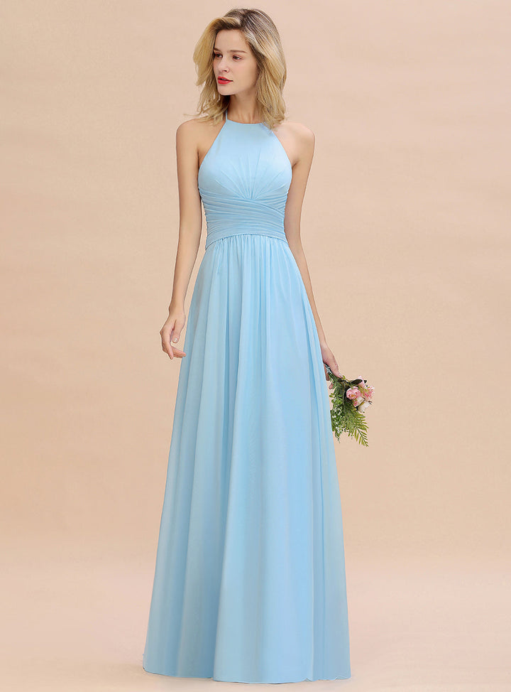 A-line Halter Backless Chiffon Floor-Length Dress-koscy