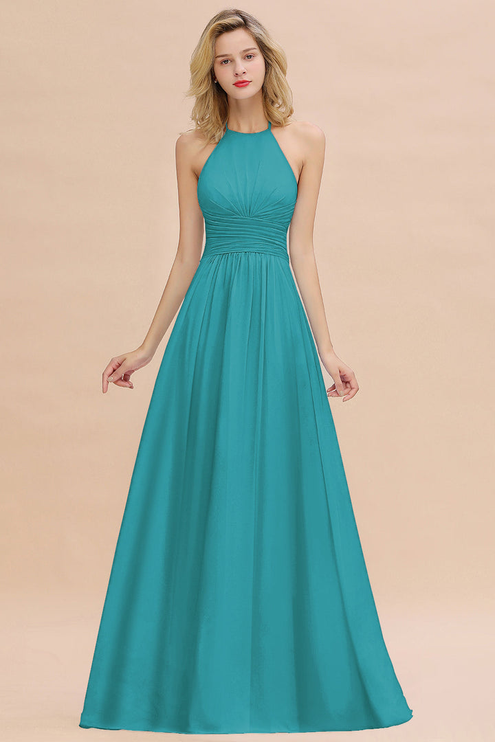 A-line Halter Backless Chiffon Floor-Length Dress-koscy