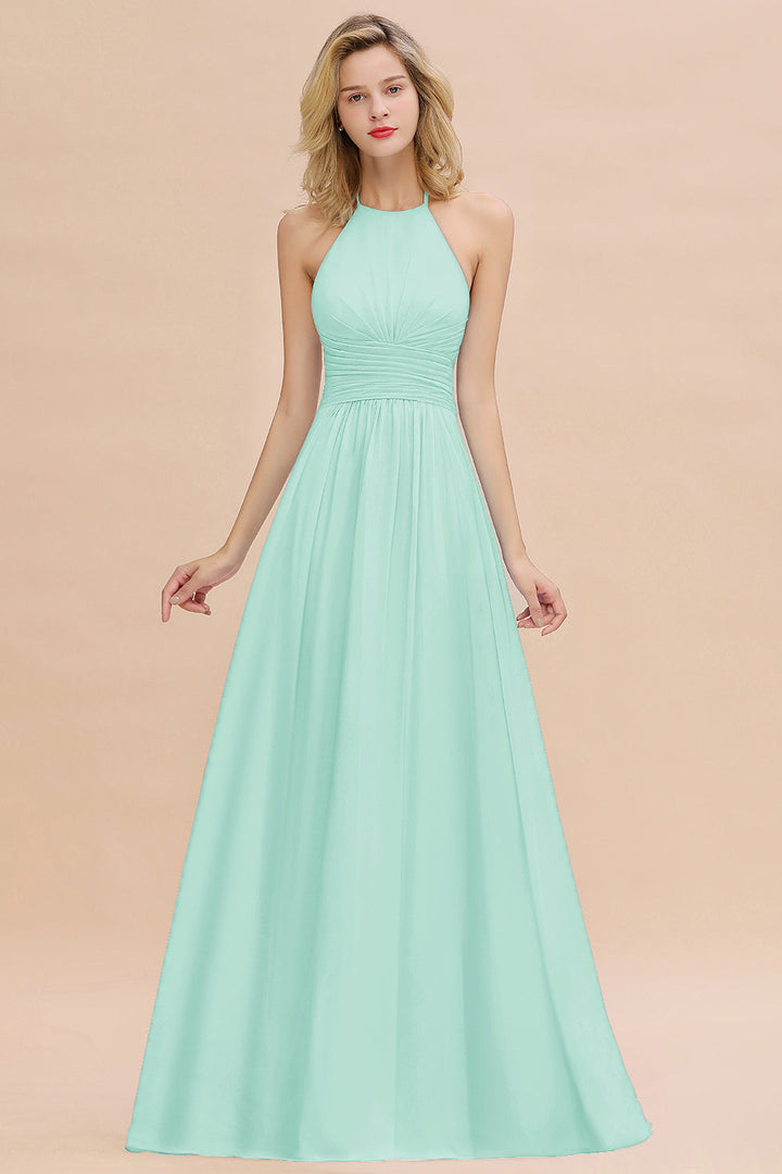 A-line Halter Backless Chiffon Floor-Length Dress-koscy