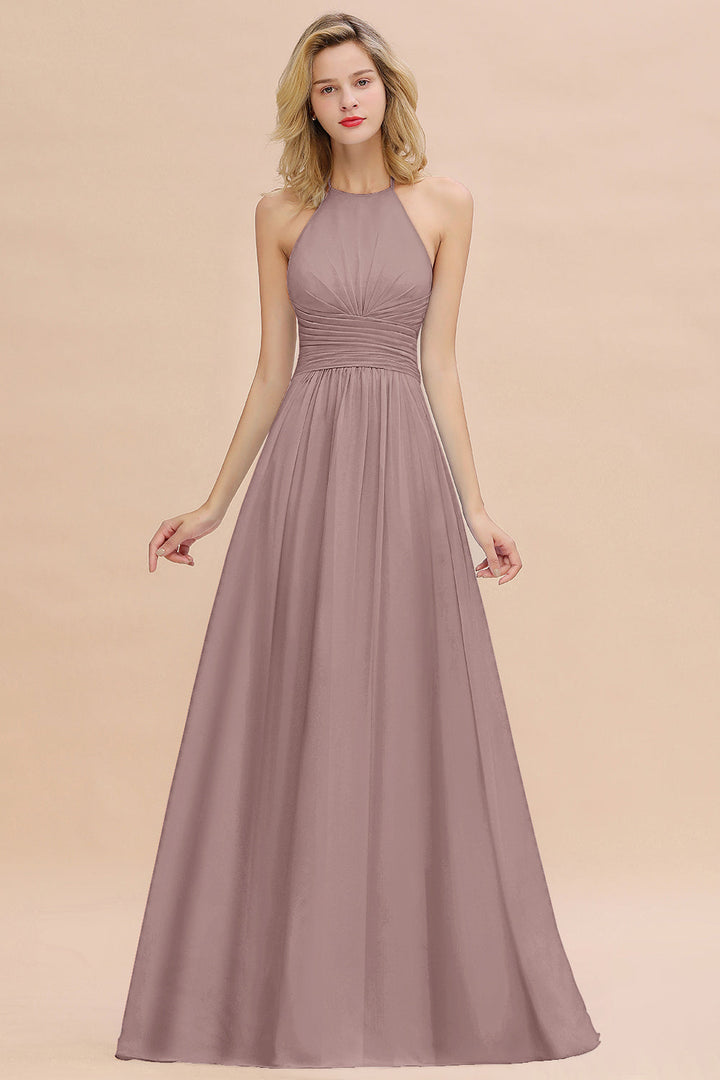 A-line Halter Backless Chiffon Floor-Length Dress-koscy