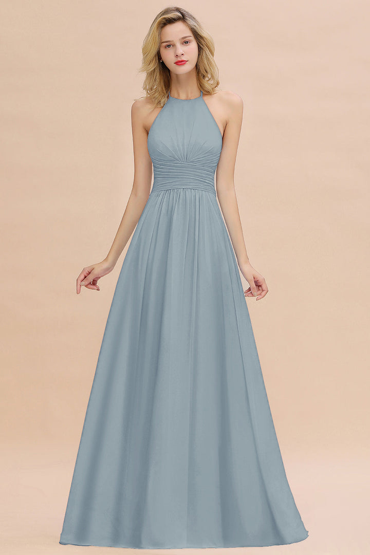 A-line Halter Backless Chiffon Floor-Length Dress-koscy