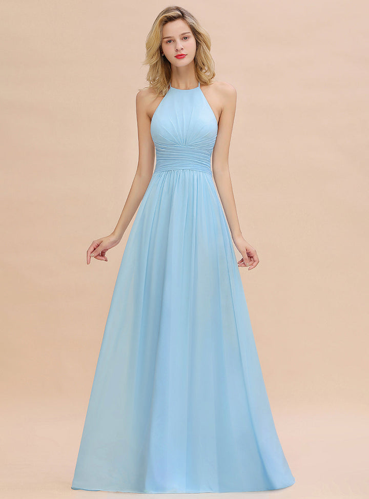 A-line Halter Backless Chiffon Floor-Length Dress-koscy