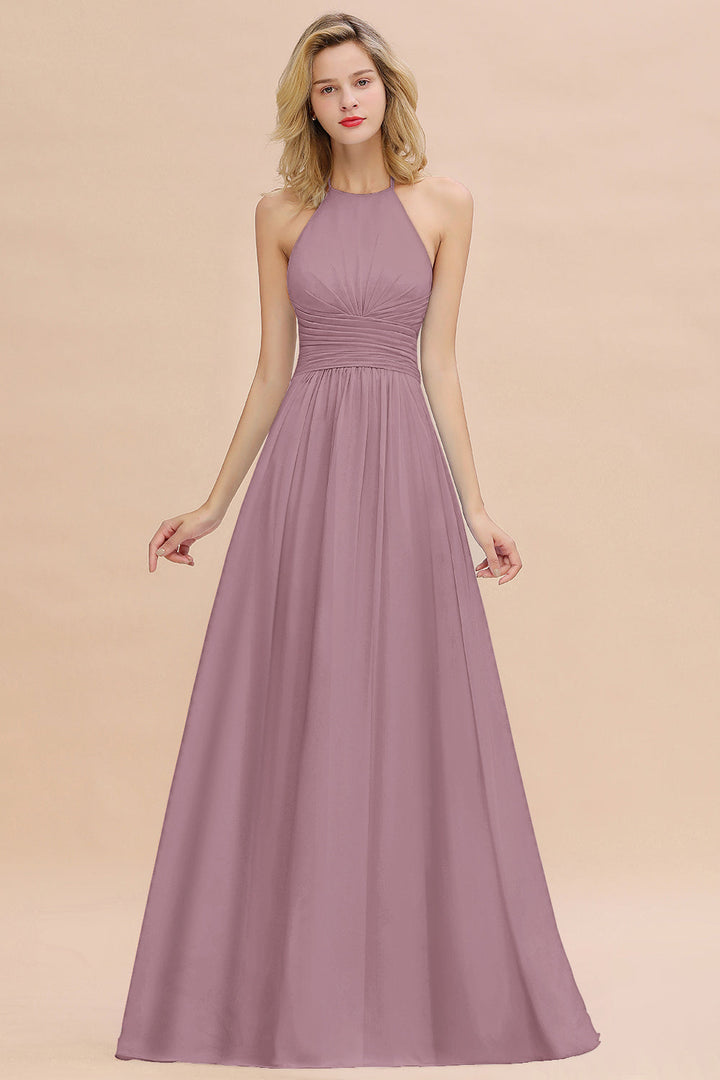 A-line Halter Backless Chiffon Floor-Length Dress-koscy