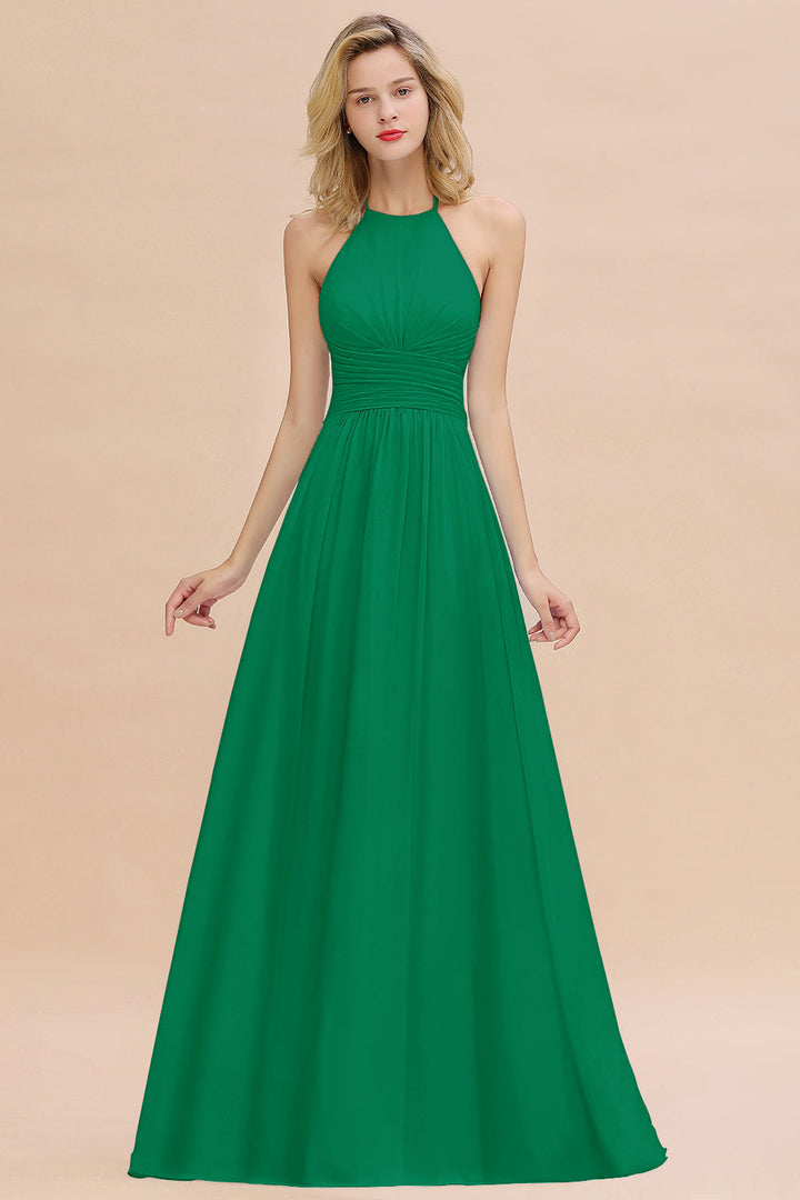 A-line Halter Backless Chiffon Floor-Length Dress-koscy