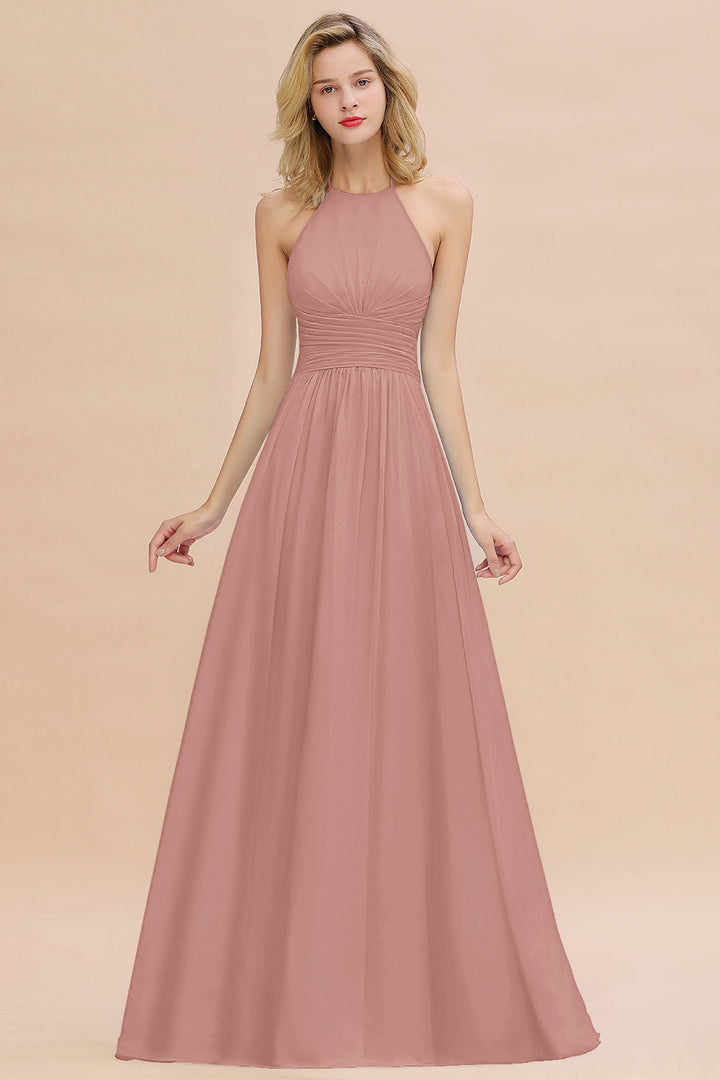 A-line Halter Backless Chiffon Floor-Length Dress-koscy