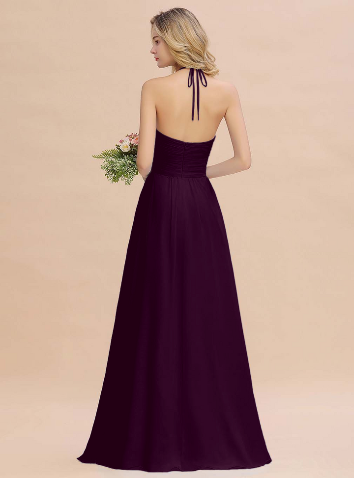 A-line Halter Backless Chiffon Floor-Length Dress-koscy