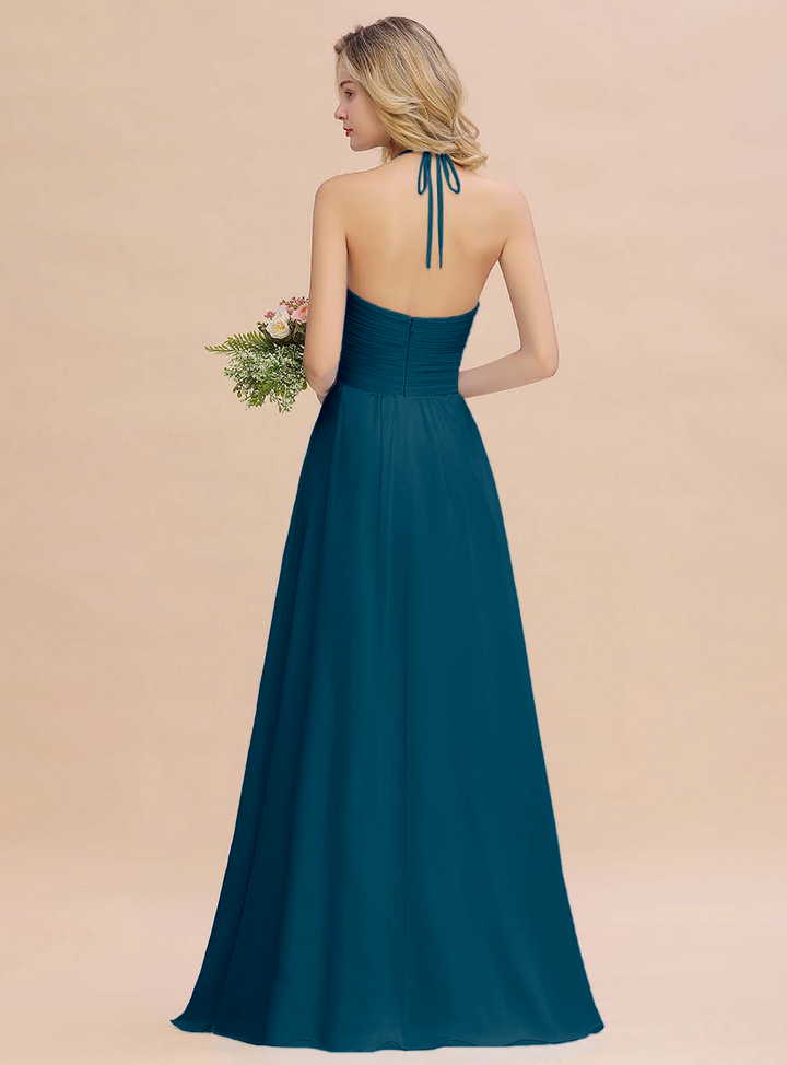 A-line Halter Backless Chiffon Floor-Length Dress-koscy