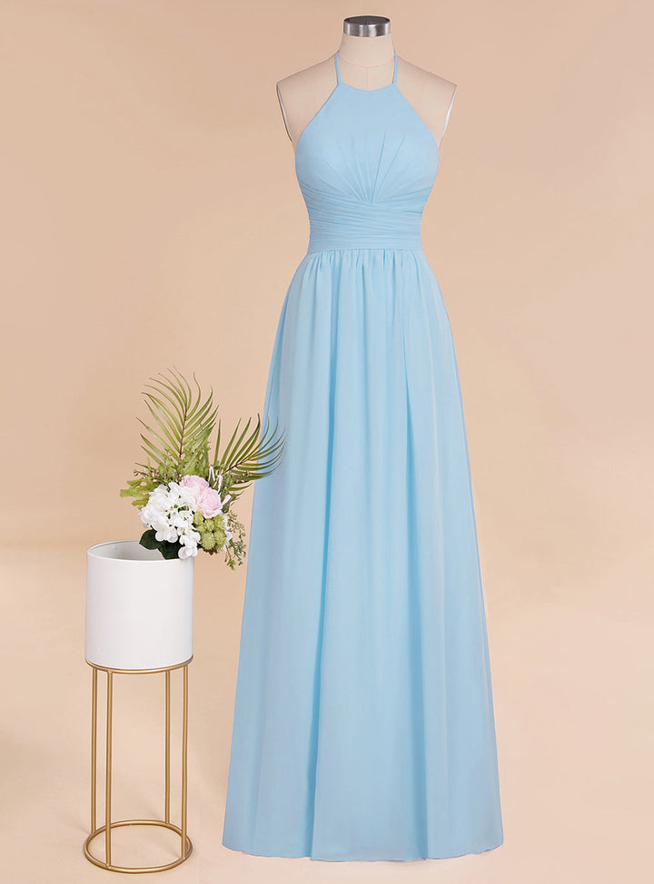 A-line Halter Backless Chiffon Floor-Length Dress-koscy